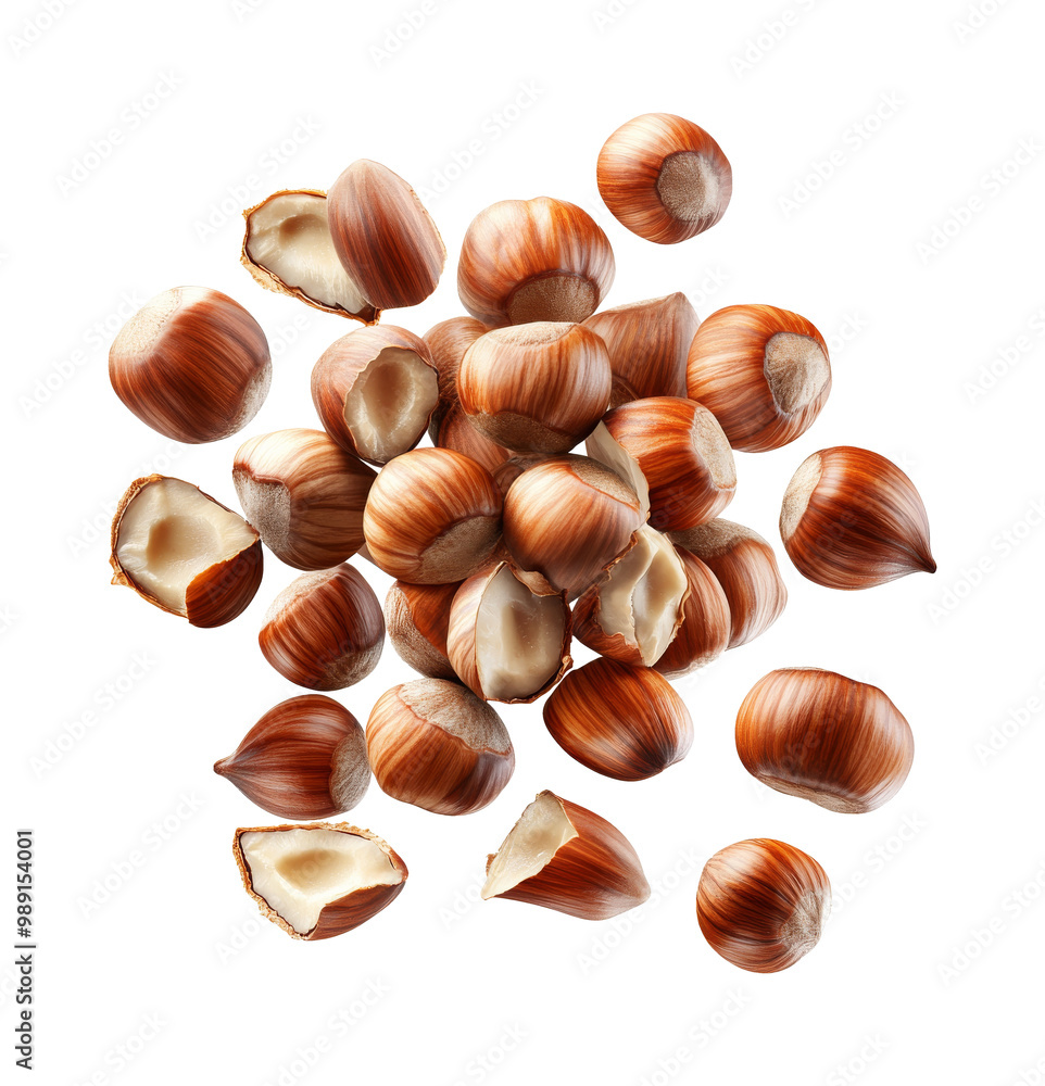 Hazelnuts scattered on a white surface indoors transparent Hazelnuts scattered on a white surface indoors transparent