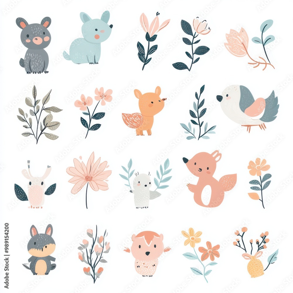 Fototapeta premium Delightful collection of whimsical animal and flower illustrations, perfect for children's design or nature-inspired themes.