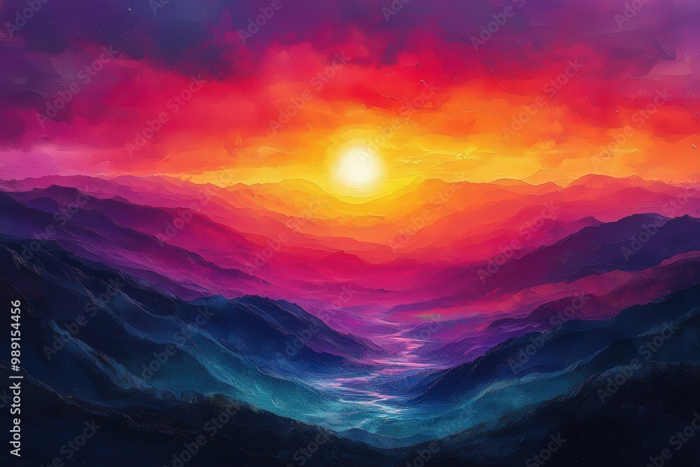 The sky erupts with warm hues of orange, pink, and purple as the sun sets behind a majestic mountain range, casting a peaceful glow over the valley below The sky erupts with warm hues of orange, pink, and purple as the sun sets behind a majestic mountain range, casting a peaceful glow over the valley below