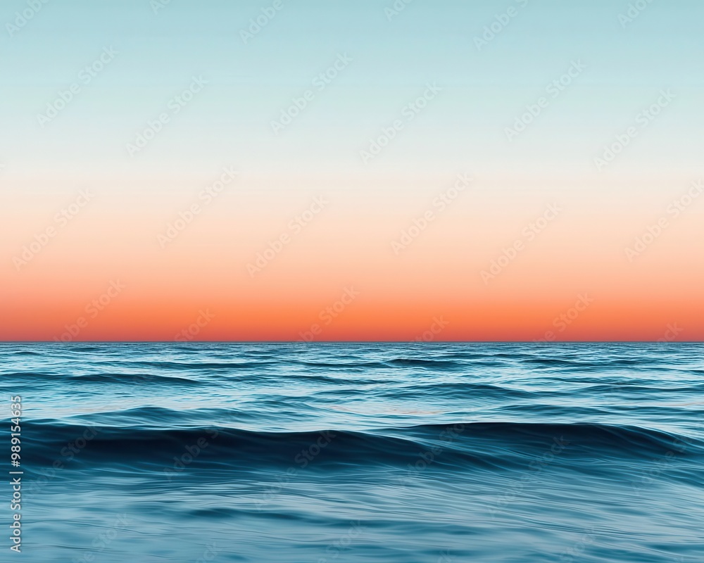 Fototapeta premium Ocean shoreline at sunrise, soft waves, glowing orange sky, vast horizon, crisp detail, photorealistic, serene atmosphere, high contrast