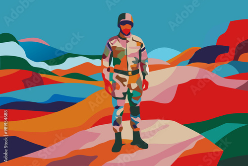 Vibrant Abstract Landscape with Camouflaged Soldier Concept Art