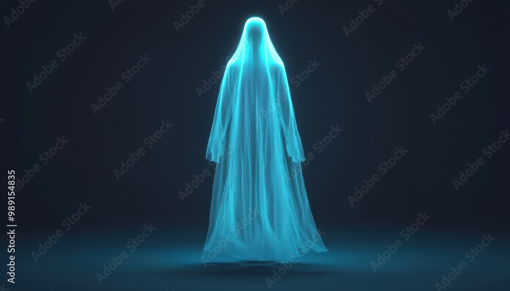 Digital hologram ghost costume, translucent with glowing blue and white edges, futuristic, minimalistic, ethereal lighting. Digital hologram ghost costume, translucent with glowing blue and white edges, futuristic, minimalistic, ethereal lighting.