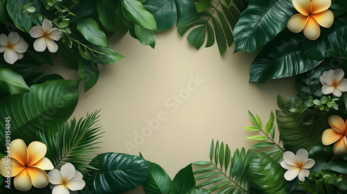 Tropical Leaves and Flowers Frame for Summer Design
