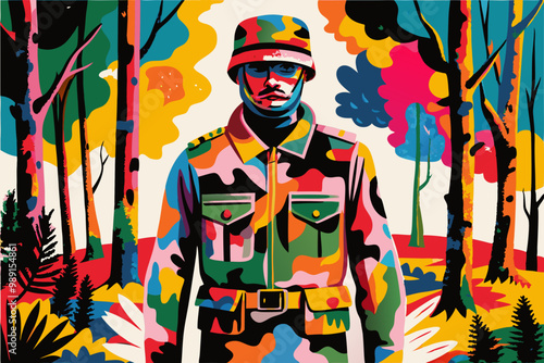 Colorful Camouflaged Soldier in Abstract Forest Setting