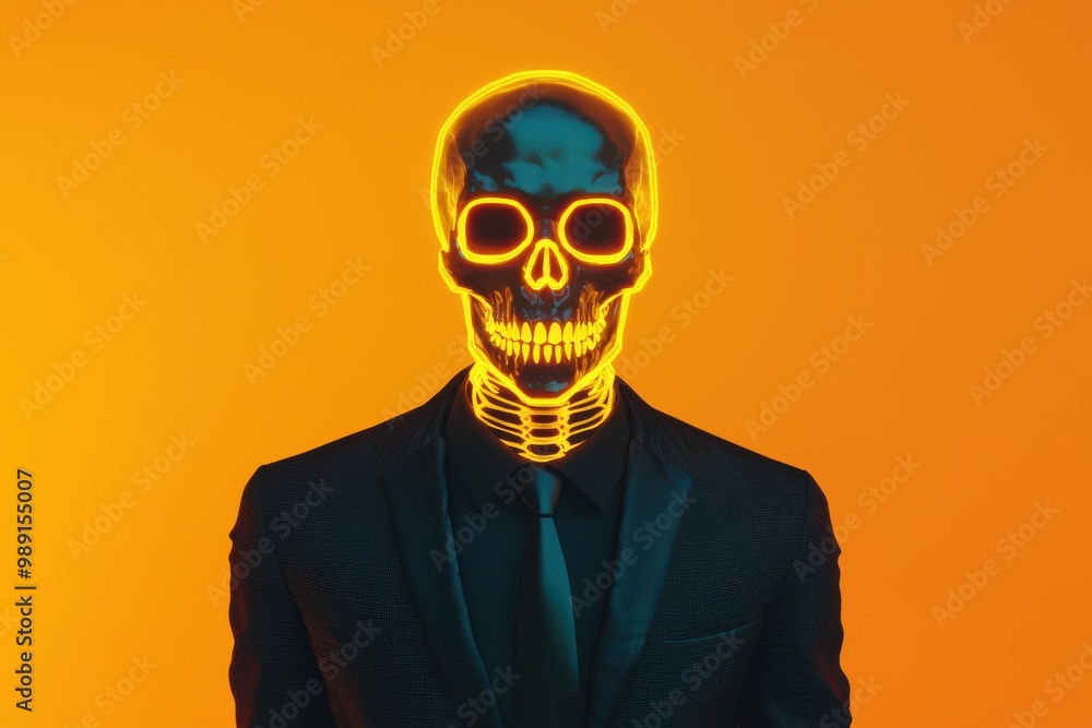 Skeleton costume, glowing bones, black suit, eerie glow, 3D illustration Skeleton costume, glowing bones, black suit, eerie glow, 3D illustration