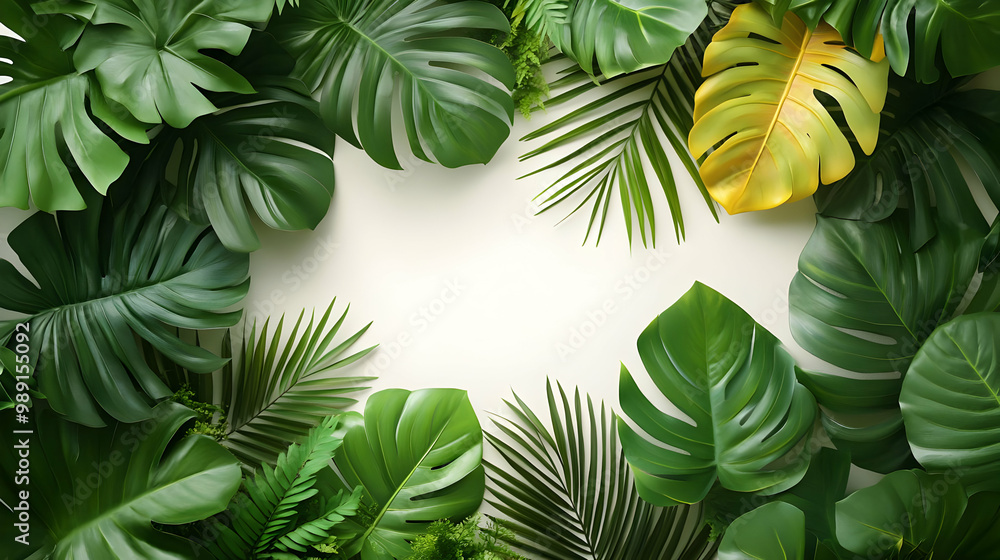 Fototapeta premium Tropical Leaf Border with White Background - Green and Yellow Foliage