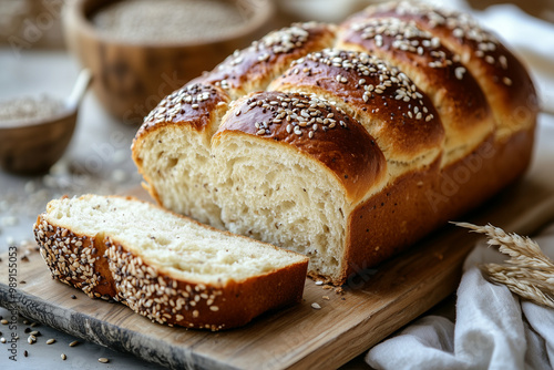 A freshly baked sourdough loaf with whole grain flour, sliced and arranged on a wooden board,luffy bread emphasizes comfort, health, and homemade goodness.greentea 