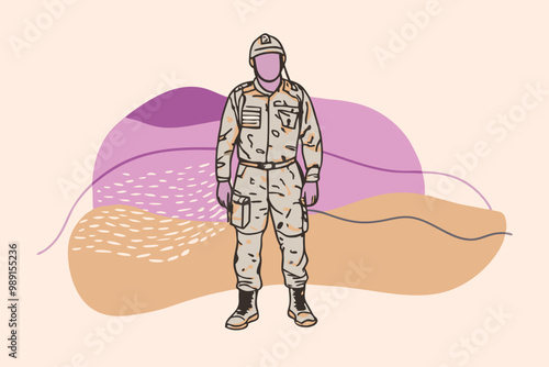 Illustration of Soldier Standing in Desert Landscape