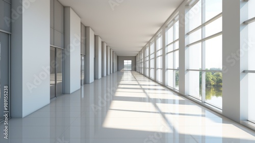 A long, empty hallway with sleek doors and windows on both sides, bathed in natural light, creating a serene and spacious atmosphere.