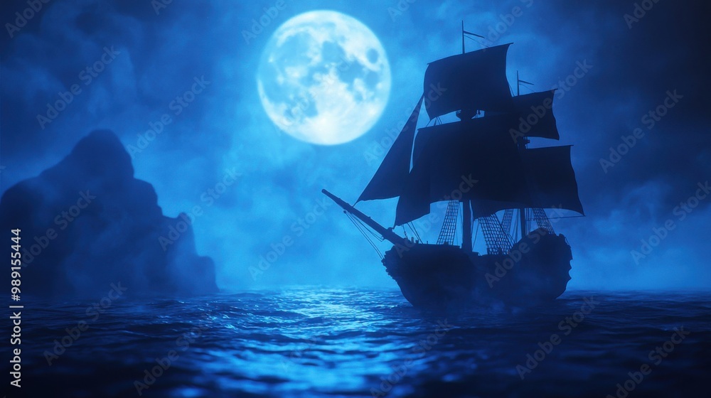 Naklejka premium Skeleton crew on a pirate ship, ghostly sails, moonlit ocean, 3D illustration ,closes up