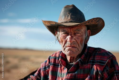 Weathered rancher in a cowboy hat against a vast prairie background