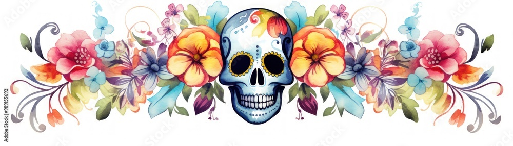 Fototapeta premium A colorful floral design featuring an artistic skull, blending vibrant flowers and intricate patterns, creating a striking balance of life and death.
