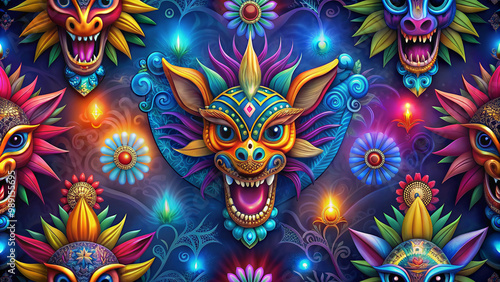 "Psychedelic Mexican Alebrijes: Colorful Folk Art Creatures in a Surreal Dreamscape of Vibrant Patterns, Cultural Tradition, and Mystical Whimsy" "Alebrijes Mexicanos Psicodélicos Paisaje surrealista 