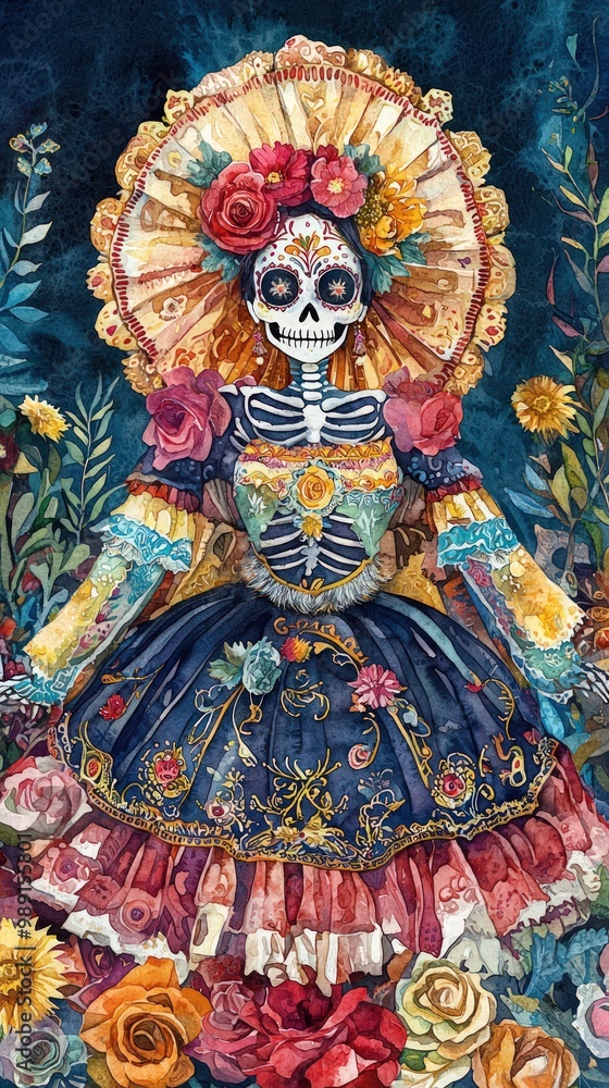 A colorful, artistic depiction of a skeleton woman in a floral dress, adorned with roses, celebrating the Day of the Dead tradition. A colorful, artistic depiction of a skeleton woman in a floral dress, adorned with roses, celebrating the Day of the Dead tradition.