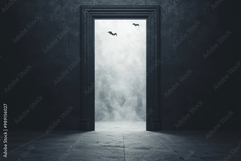 Haunted castle entrance, fog rolling in, bats flying, 3D illustration Haunted castle entrance, fog rolling in, bats flying, 3D illustration