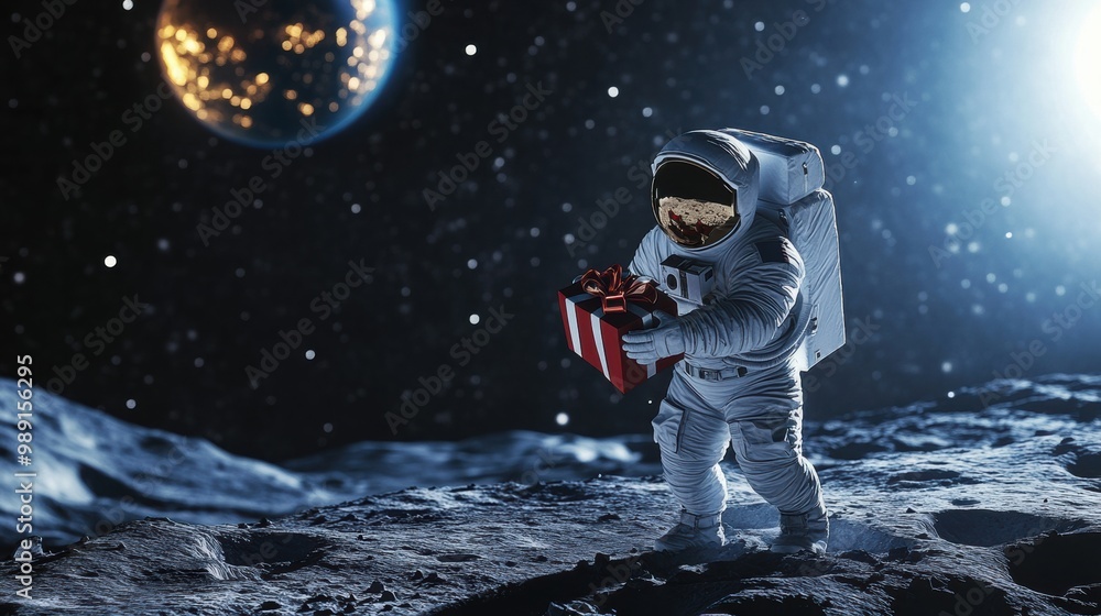 Astronaut holding a gift on the moon with Earth in the background Astronaut holding a gift on the moon with Earth in the background
