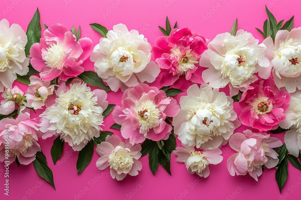 Pink and White Peonies with Green Leaves on a Fuchsia Background Pink and White Peonies with Green Leaves on a Fuchsia Background