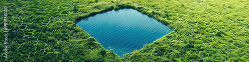 A pristine blue square nestled amidst a field of soft green, embodying serenity and harmony.