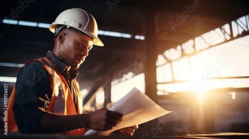 Construction worker wearing reflective gear and a helmet, studying architectural plans under warm lighting in an industrial setting. photo