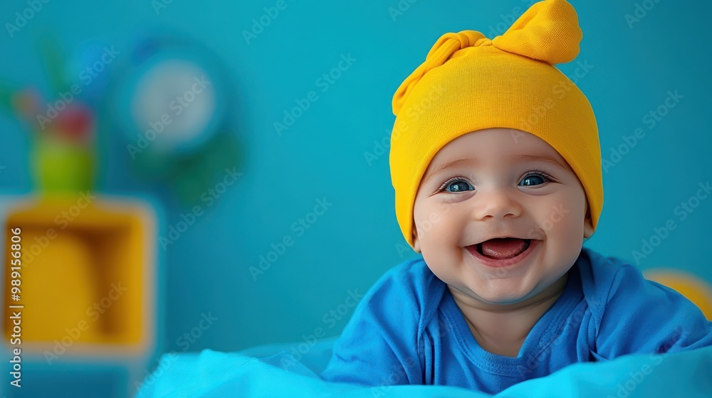 Cute Baby Boy In Yellow Hat Smiling On Blue Background Cute Baby Boy In Yellow Hat Smiling On Blue Background