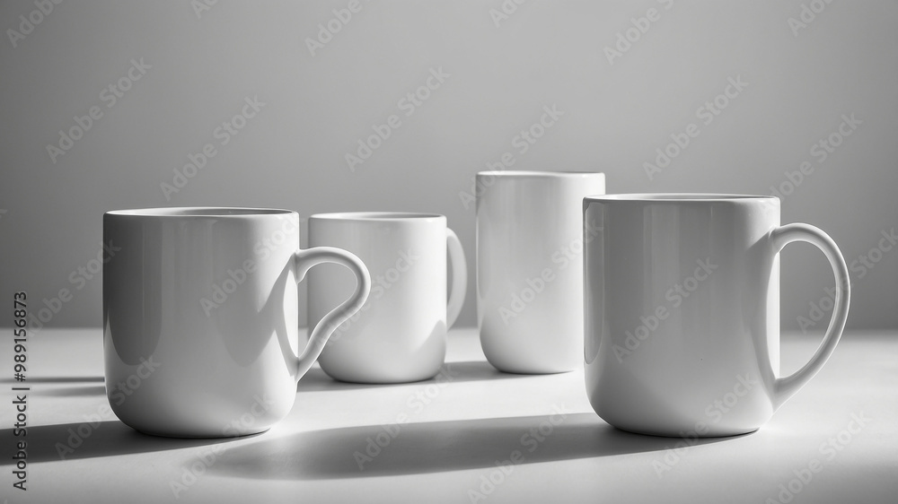 Monochrome image featuring four white ceramic coffee mugs with handles, casting shadows on a flat surface. Monochrome image featuring four white ceramic coffee mugs with handles, casting shadows on a flat surface.