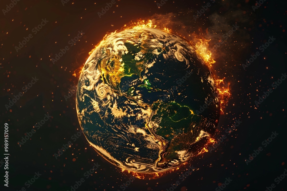 Obraz premium Planet Earth is burning in dark space. World burning with fire from space. Concept of global warming and climatic changes. AI generated
