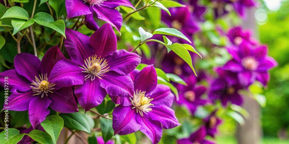 Clematis Niobe climbing plant with purple mauve flowers in a garden Clematis Niobe climbing plant with purple mauve flowers in a garden