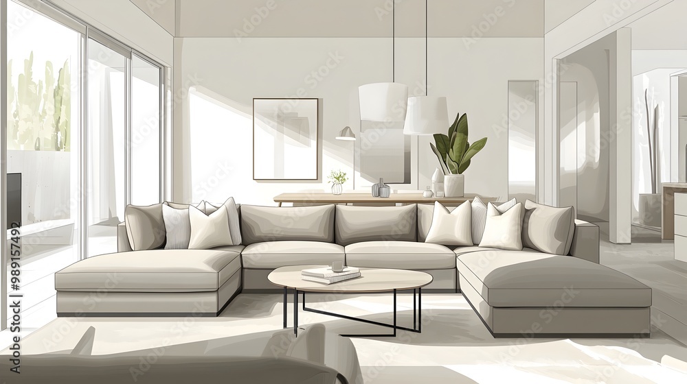 Bright and spacious modern living room with white and gray minimalist interior design comfortable couch coffee table and various decor elements such as art and plants Bright and spacious modern living room with white and gray minimalist interior design comfortable couch coffee table and various decor elements such as art and plants
