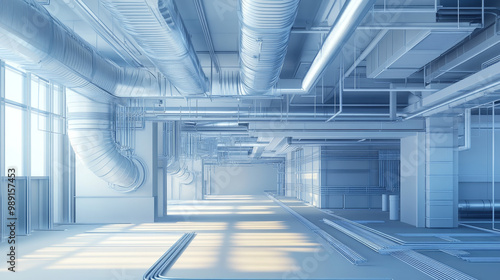 A detailed view of an HVAC system blueprint showcasing sustainable building design with extensive ductwork and piping. layout emphasizes modern engineering and efficiency