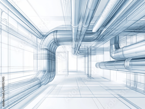 A detailed 3D blueprint of an air duct layout showcases futuristic design with intricate piping. clean lines and minimalistic style evoke sense of modern engineering and efficiency