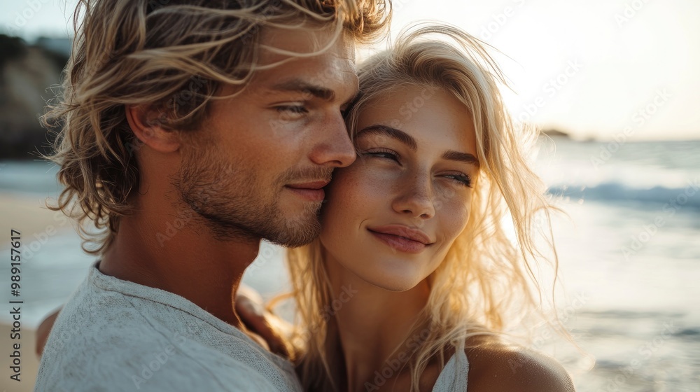 Close up portrait of blonde man and woman model couple on the beach feeling happy Close up portrait of blonde man and woman model couple on the beach feeling happy