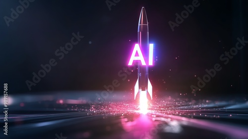 Futuristic AI rocket launch with glowing neon lights, showcasing artificial intelligence and innovation technology in a digital concept.