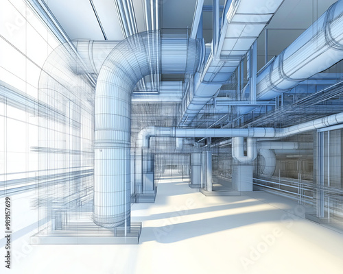 Technical blueprint rendering of ventilation system showcasing intricate piping and ductwork in spacious industrial environment. design emphasizes functionality and efficiency