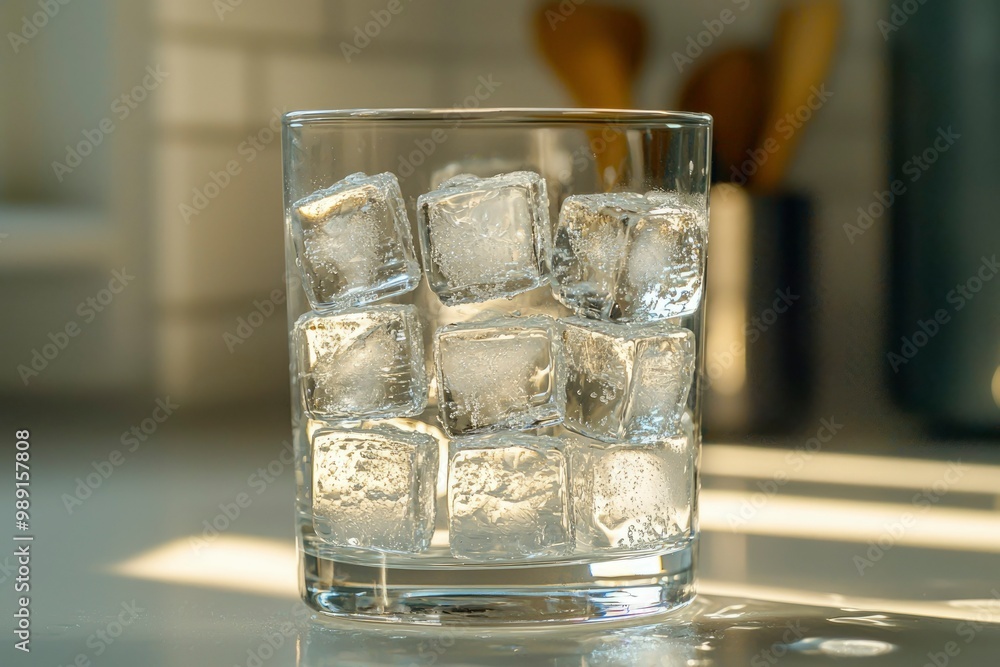 Glass Filled with Ice Cubes and Water on a Tabletop Glass Filled with Ice Cubes and Water on a Tabletop