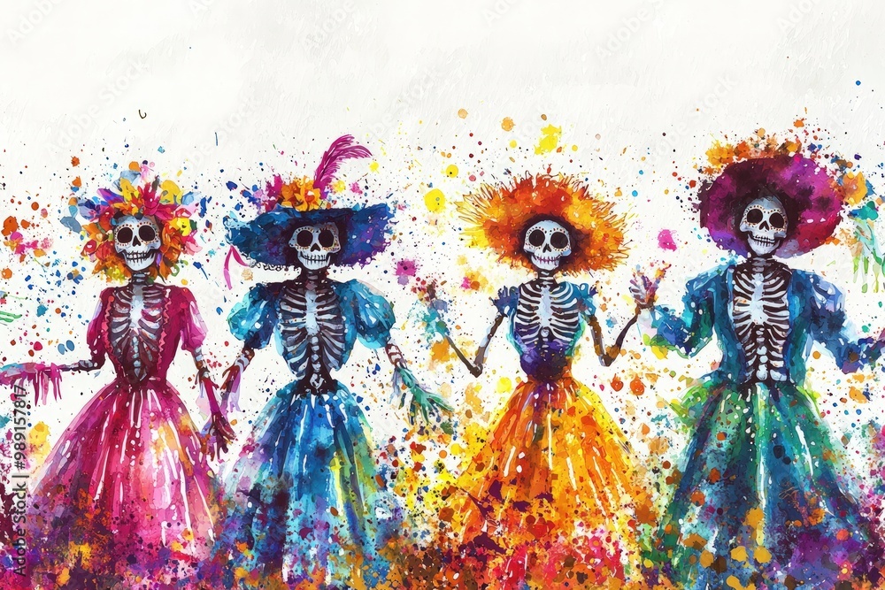 Fototapeta premium Colorful skeletons in vibrant dresses celebrate life, showcasing a festive, artistic homage to traditional Mexican culture.