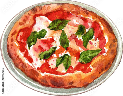 neapolitana pizza italian food, watercolor painting hand-drawn illustration