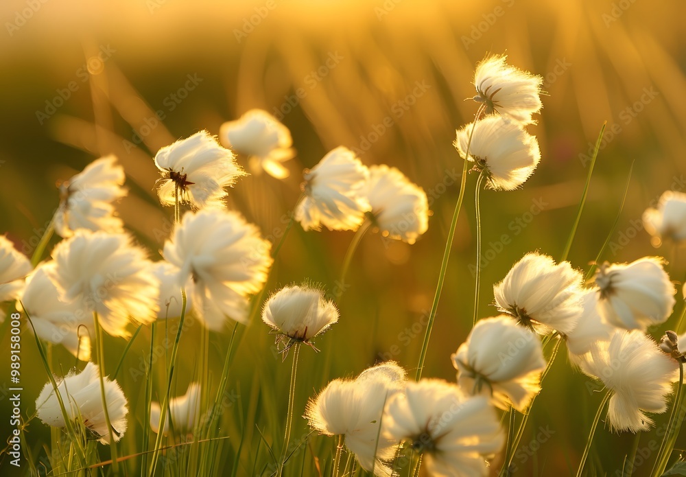 Fototapeta premium Fluffy Cotton Grass Flowers in Golden Sunset