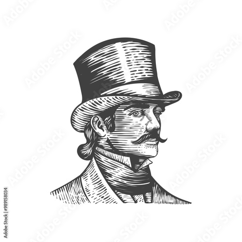 portrait of a gentleman, a man in a top hat is drawn in the style of an engraving
