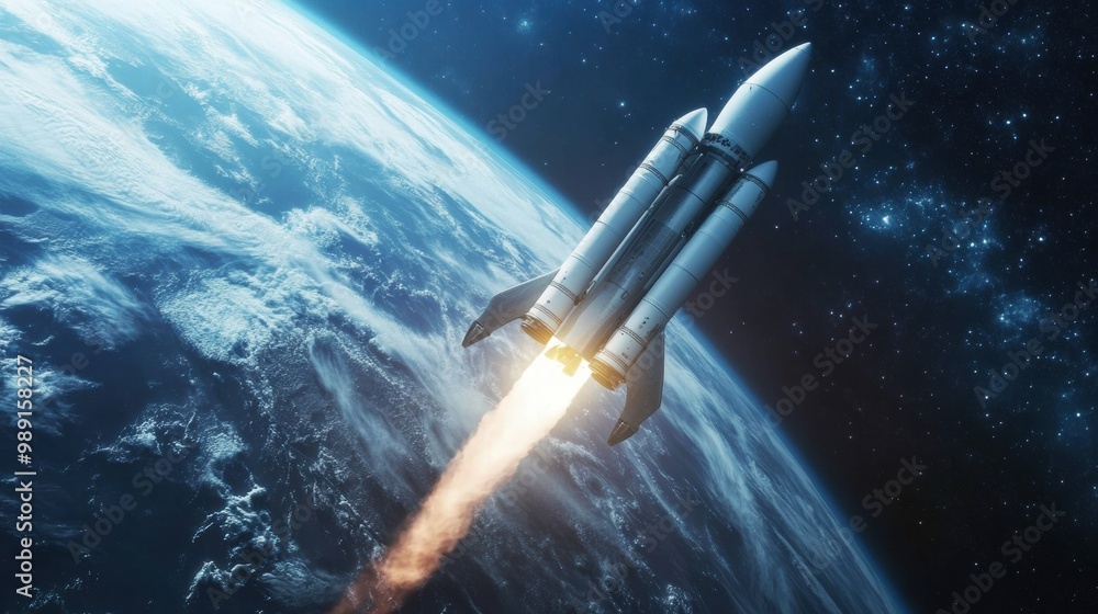 Obraz premium Rocket launching into space above the Earth’s atmosphere at dusk