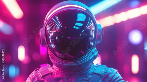 Astronaut in vibrant neon lights exploring a futuristic setting