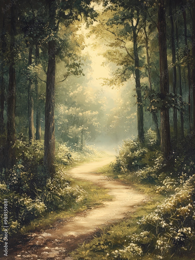 Obraz premium Sunlit Forest Path Winding Through Trees