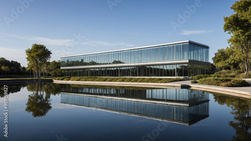 Modern glass building with green surroundings and clear blue sky showcasing contemporary architecture.