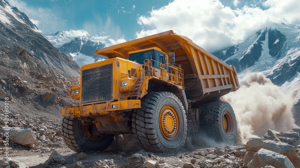 Yellow Mining Dump Truck on a Mountainous Road Yellow Mining Dump Truck on a Mountainous Road
