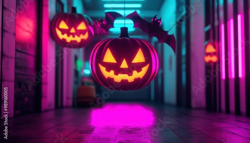 Wallpaper Mural Digital Halloween banners with glowing skulls, pumpkins, and bats, hanging in a futuristic city plaza, neon lights, cyberpunk, cool colors. ,closes up Torontodigital.ca