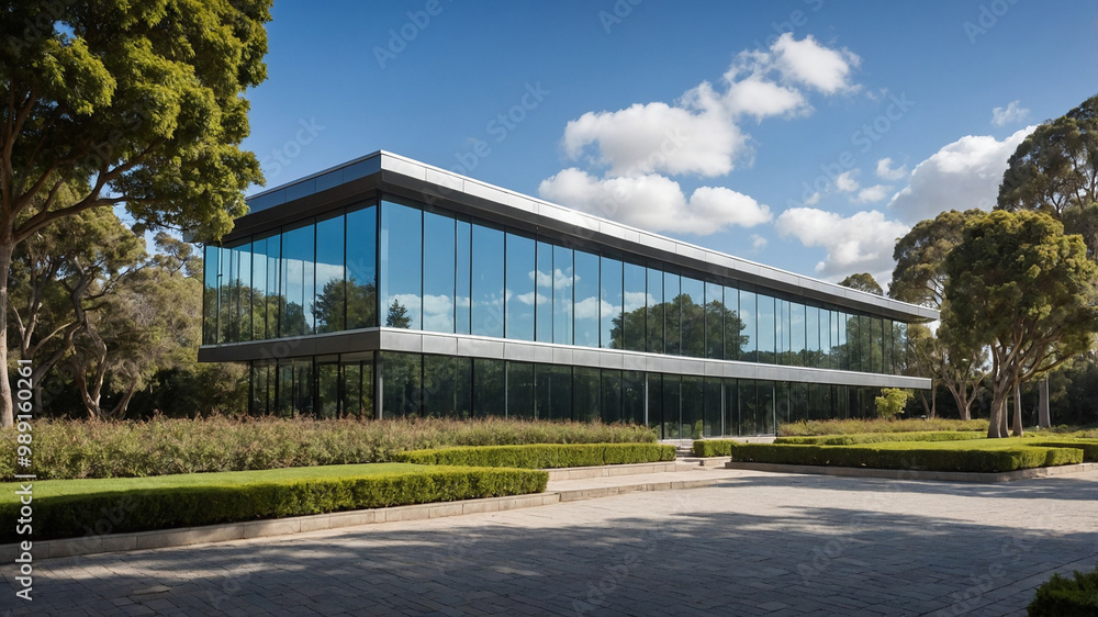 Modern glass building with green surroundings and clear blue sky showcasing contemporary architecture. Modern glass building with green surroundings and clear blue sky showcasing contemporary architecture.