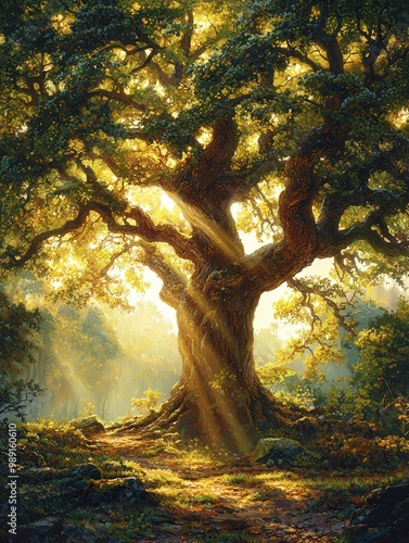 Majestic Oak Tree in Sunlight Forest