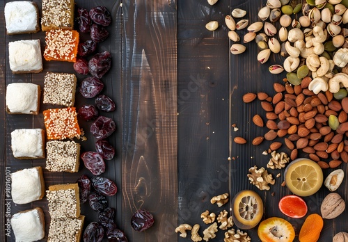 Dried Fruits, Nuts, and Traditional Chag Mellon Sweets Flat Lay photo