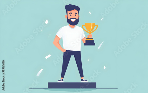 An illustration in flat design depicting a man with a beard at a podium, showcasing a golden trophy as a representation of winning.