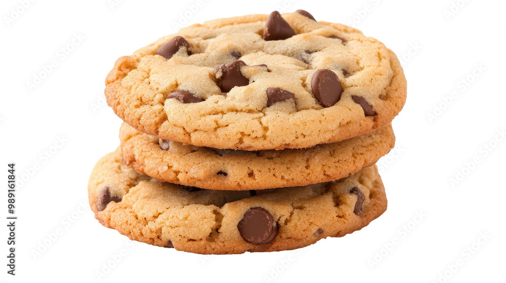 Three chocolate chip cookies stacked on top of each other Three chocolate chip cookies stacked on top of each other