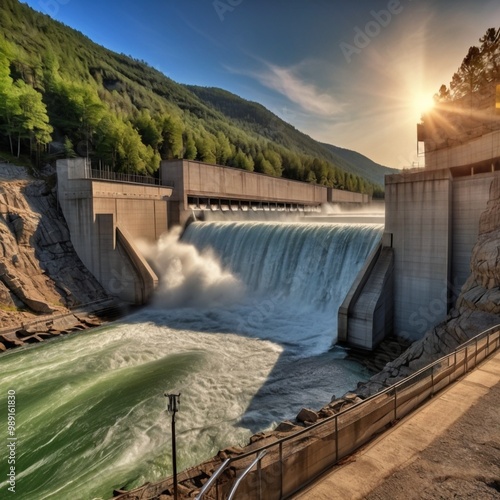 Hydroelectric dam with rushing water and electric turbines turning with the force of the flowing river water , generating clean energy for ecology and zero carbon targets